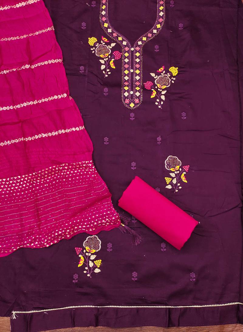purple embroidered cotton semi_stitched churidar dress-materials