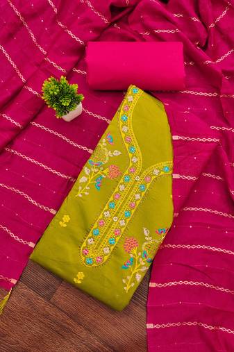 Mehendi embroidered cotton semi_stitched churidar dress-materials