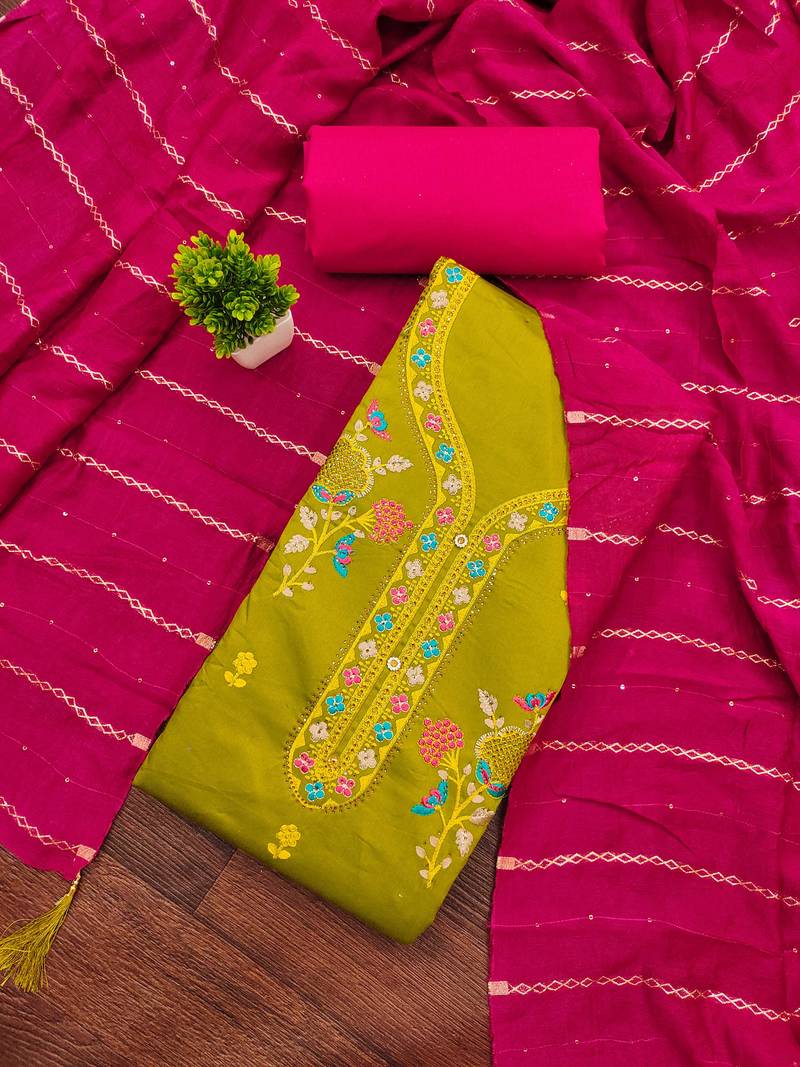 Mehendi embroidered cotton semi_stitched churidar dress-materials