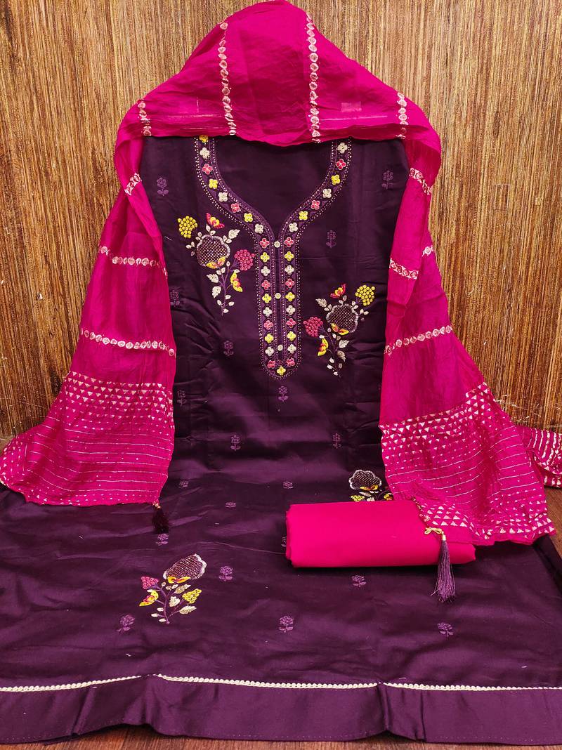 purple embroidered cotton semi_stitched churidar dress-materials
