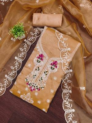 peach embroidered organza semi_stitched churidar dress-materials 1
