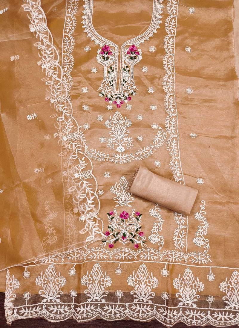 peach embroidered organza semi_stitched churidar dress-materials