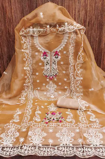 peach embroidered organza semi_stitched churidar dress-materials