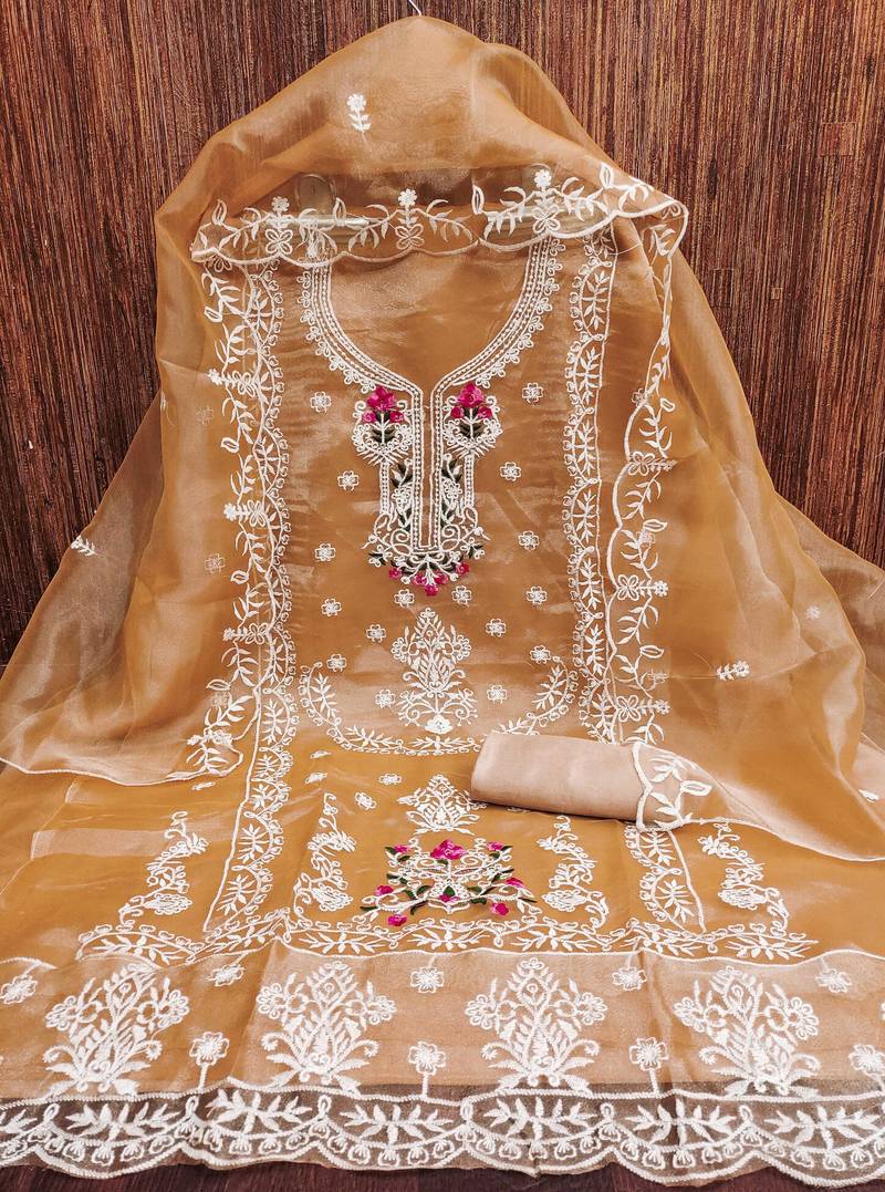 peach embroidered organza semi_stitched churidar dress-materials