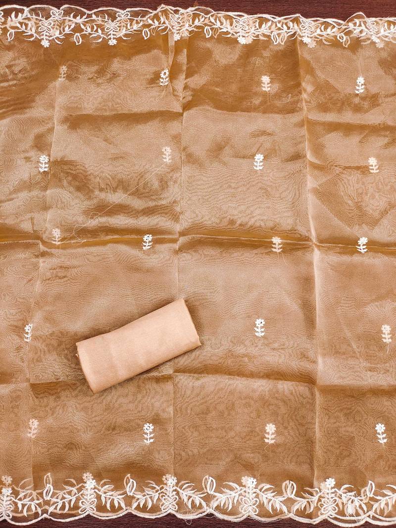 peach embroidered organza semi_stitched churidar dress-materials