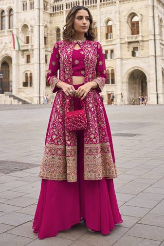 Pink georgette embroidered beads work western plazzo suit