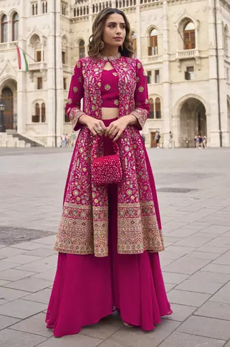 Pink georgette embroidered beads work western plazzo suit