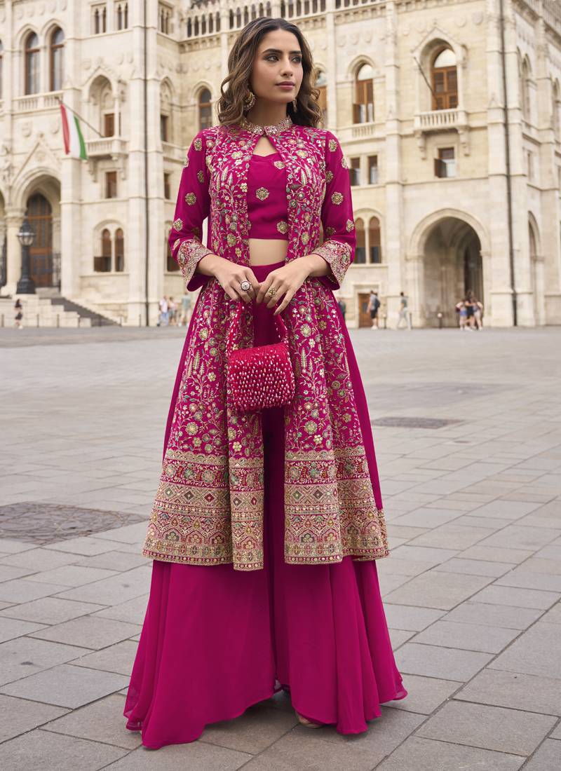 Pink georgette embroidered beads work western plazzo suit