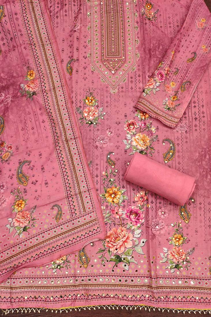 pink printed cotton semi_stitched churidar dress-materials