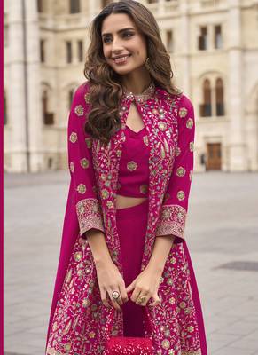 Pink georgette embroidered beads work western plazzo suit 2