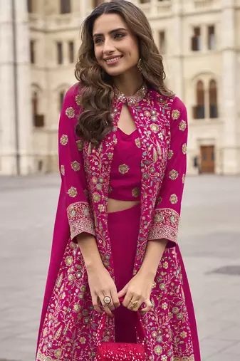 Pink georgette embroidered beads work western plazzo suit