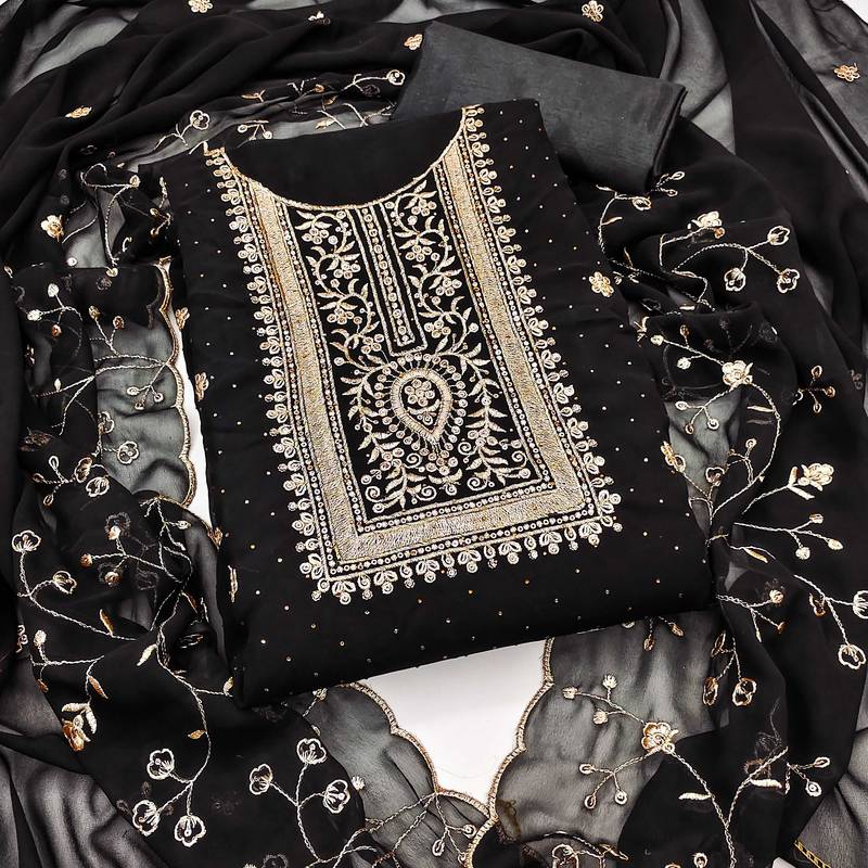 Black embroidered georgette semi stitched churidar dress-materials