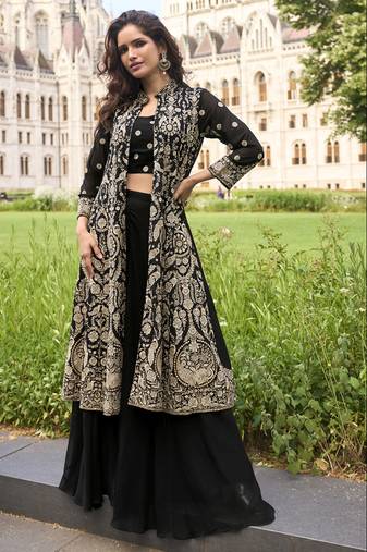 Black georgette embroidered beads work western plazzo suit
