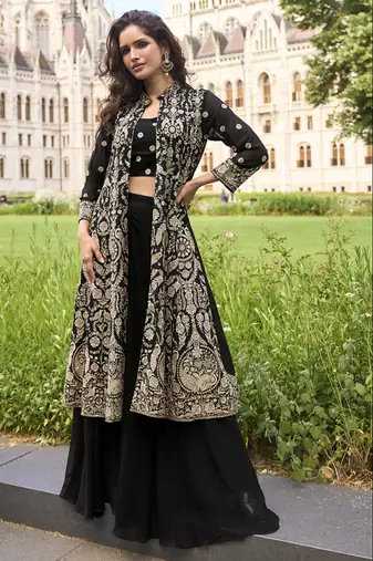 Black georgette embroidered beads work western plazzo suit