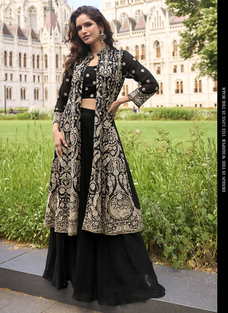 Black georgette embroidered beads work western plazzo suit
