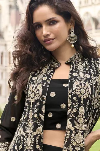 Black georgette embroidered beads work western plazzo suit