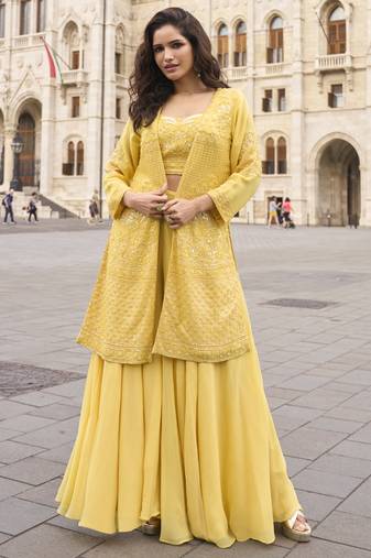 Yellow georgette embroidered beads work western plazzo suit