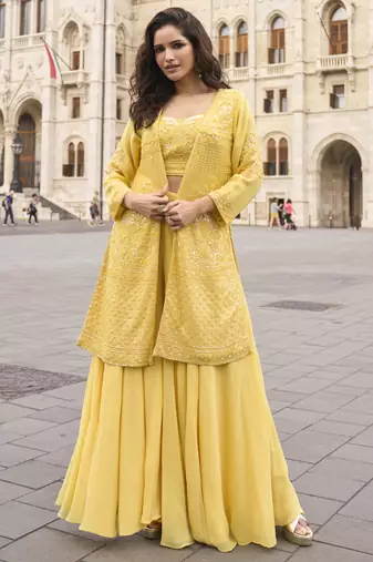 Yellow georgette embroidered beads work western plazzo suit