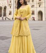 Yellow georgette embroidered beads work western plazzo suit
