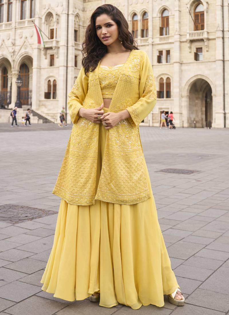 Yellow georgette embroidered beads work western plazzo suit