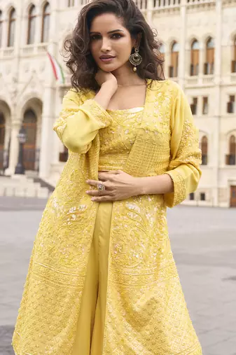 Yellow georgette embroidered beads work western palazzo suit