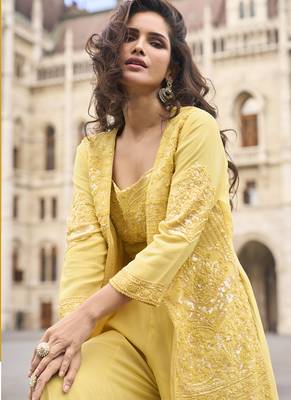 Yellow georgette embroidered beads work western palazzo suit 3