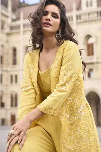 Yellow georgette embroidered beads work western palazzo suit