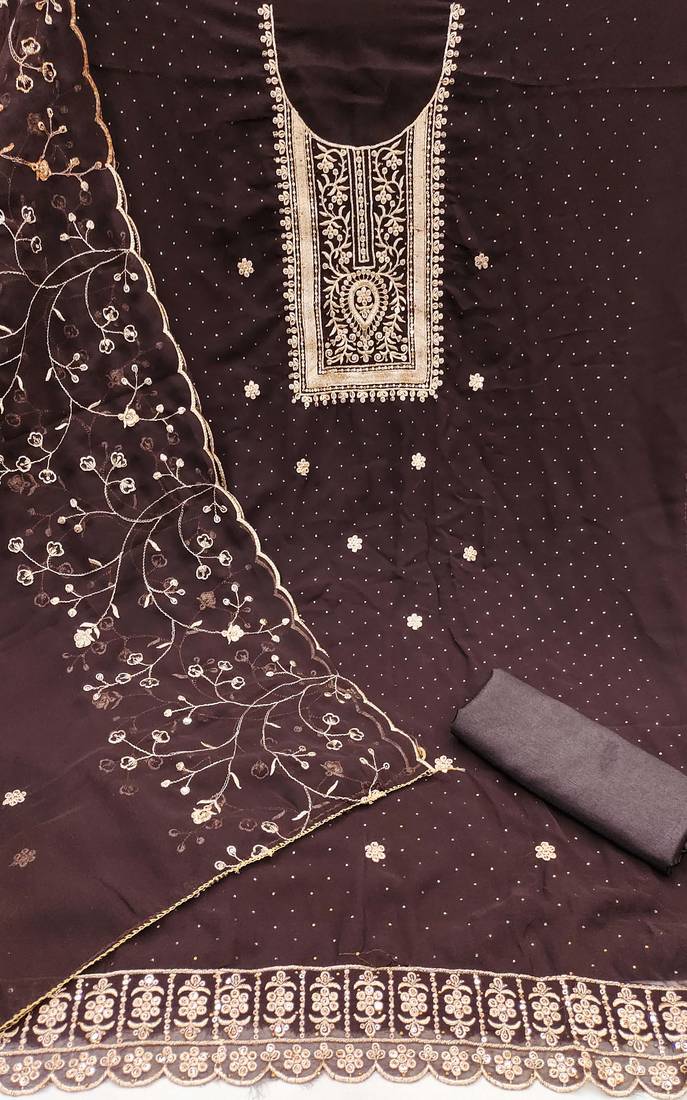 Brown embroidered georgette semi stitched churidar dress-materials