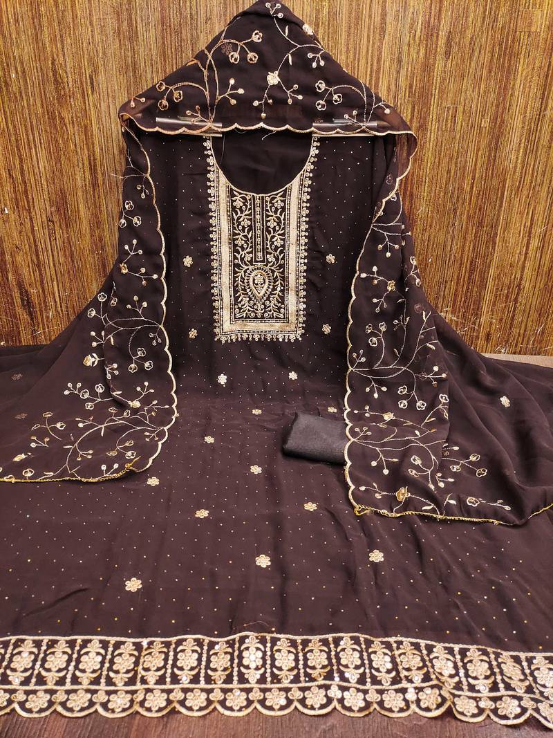 Brown embroidered georgette semi stitched churidar dress-materials