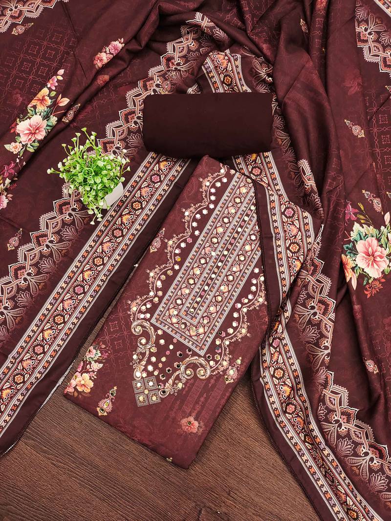 brown printed cotton semi_stitched churidar dress-materials