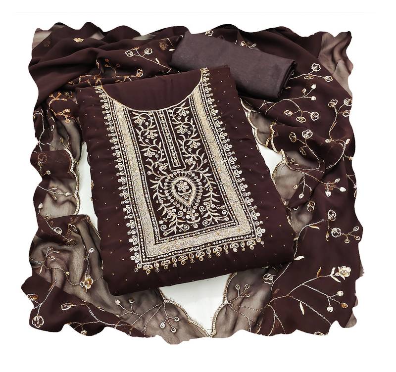 Brown embroidered georgette semi stitched churidar dress-materials