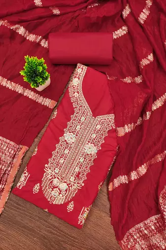 red embroidered cotton semi_stitched churidar dress-materials
