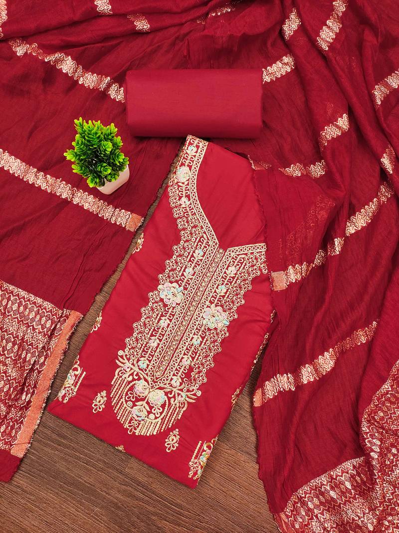 red embroidered cotton semi_stitched churidar dress-materials