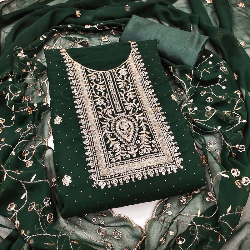 Green embroidered georgette semi stitched churidar dress-materials