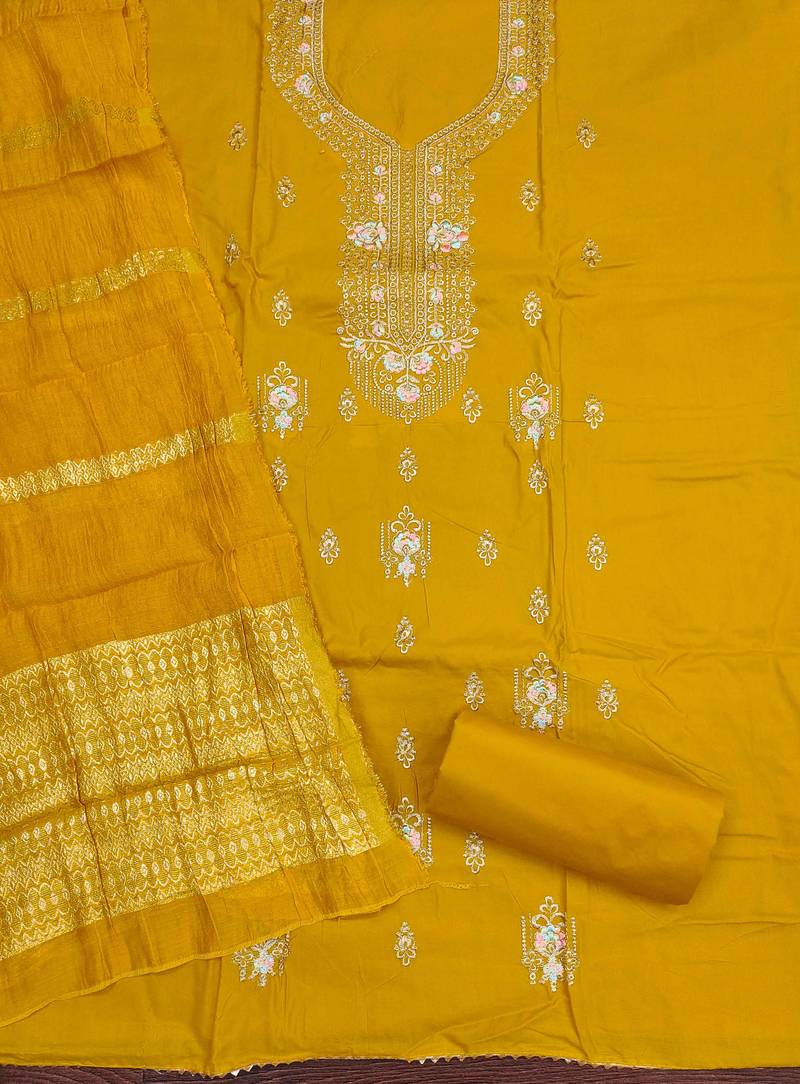 yellow embroidered cotton semi_stitched churidar dress-materials