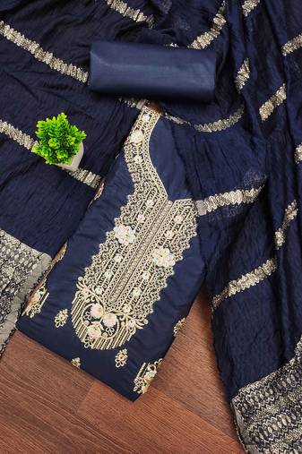 blue embroidered cotton semi_stitched churidar dress-materials