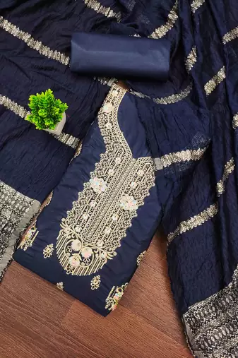 blue embroidered cotton semi_stitched churidar dress-materials