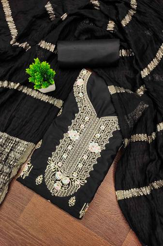 black embroidered cotton semi_stitched churidar dress-materials