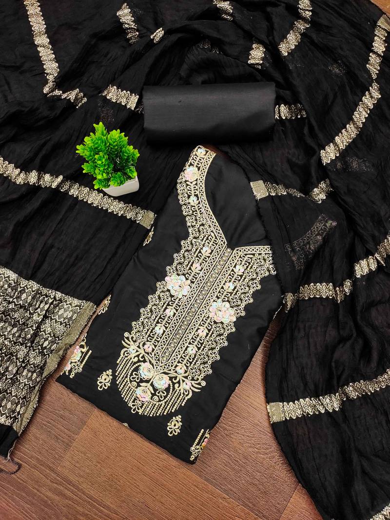 black embroidered cotton semi_stitched churidar dress-materials