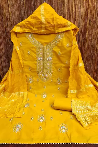 yellow embroidered cotton semi_stitched churidar dress-materials