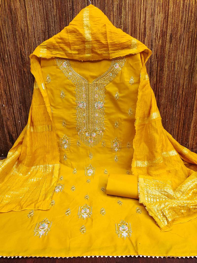 yellow embroidered cotton semi_stitched churidar dress-materials