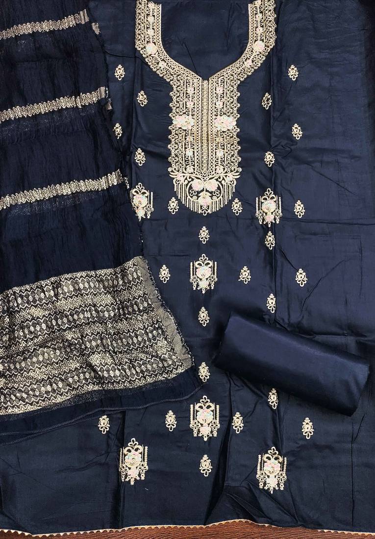 blue embroidered cotton semi_stitched churidar dress-materials