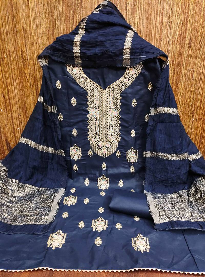 blue embroidered cotton semi_stitched churidar dress-materials
