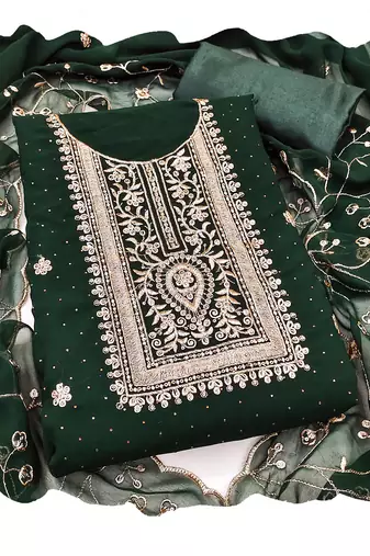 Green embroidered georgette churidar dress-materials