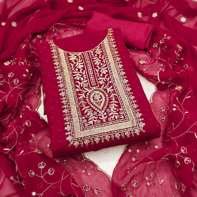 Magenta embroidered georgette semi stitched churidar dress-materials