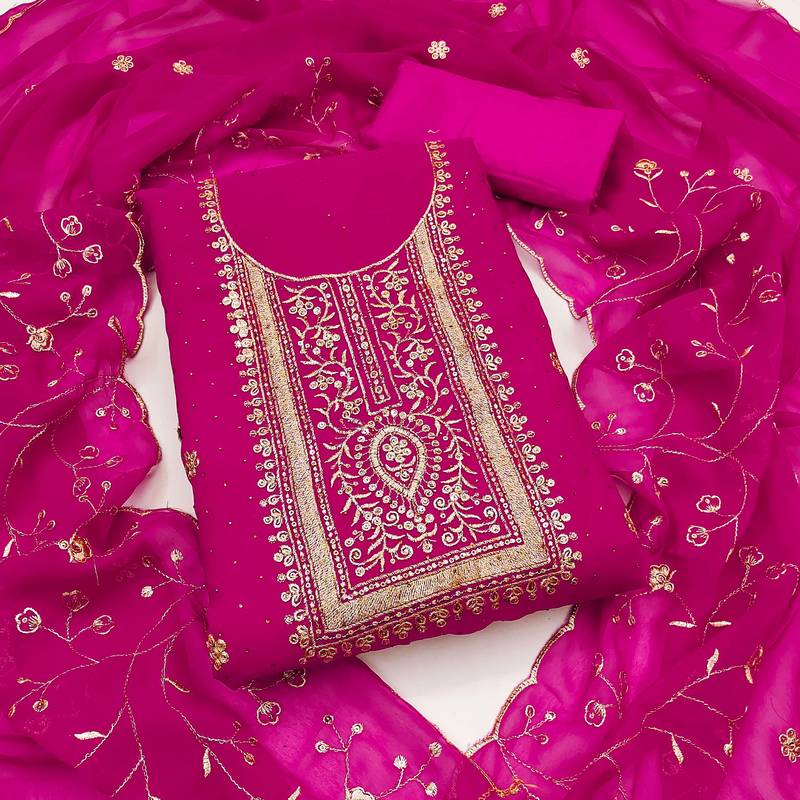 Pink embroidered georgette semi stitched churidar dress-materials
