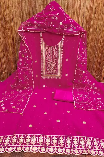 Pink embroidered georgette churidar dress-materials