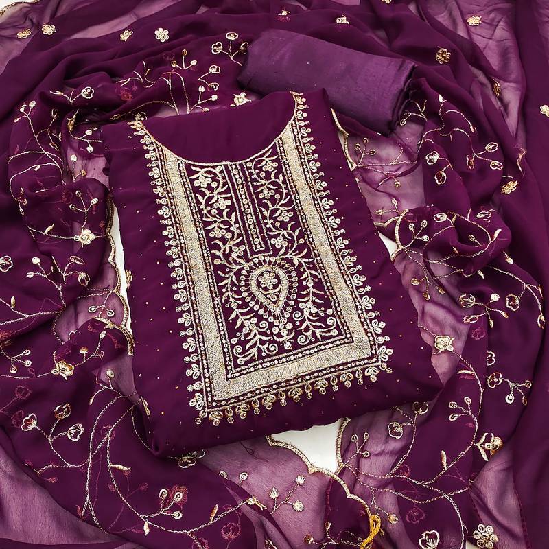 Purple embroidered georgette semi stitched churidar dress-materials