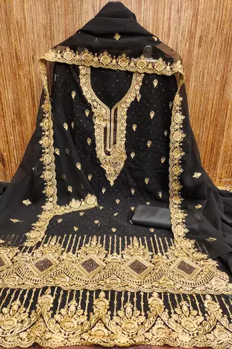 Black embroidered georgette churidar dress-materials