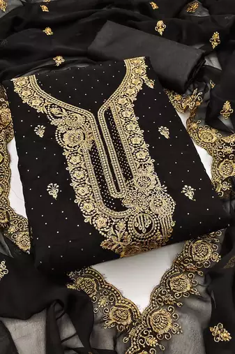 Black embroidered georgette churidar dress-materials